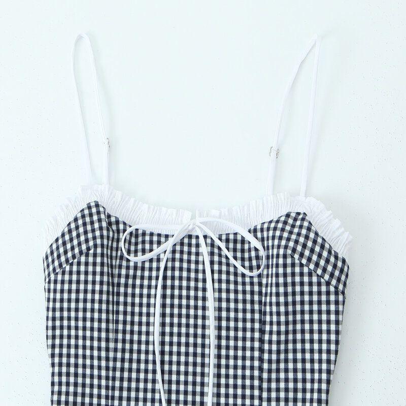 Fashion Style 2024 Summer New Arrival Women's Clothing Plaid Stitching Blue Sling Dress Short Skirt 3152329401