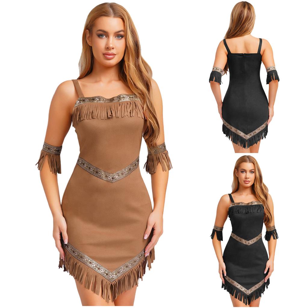 Womens Native Tribe Princess Cosplay Dress Armbands Retro Pattern Trim Tassel Irregular Hem Sling Aboriginal Faux Suede Costume