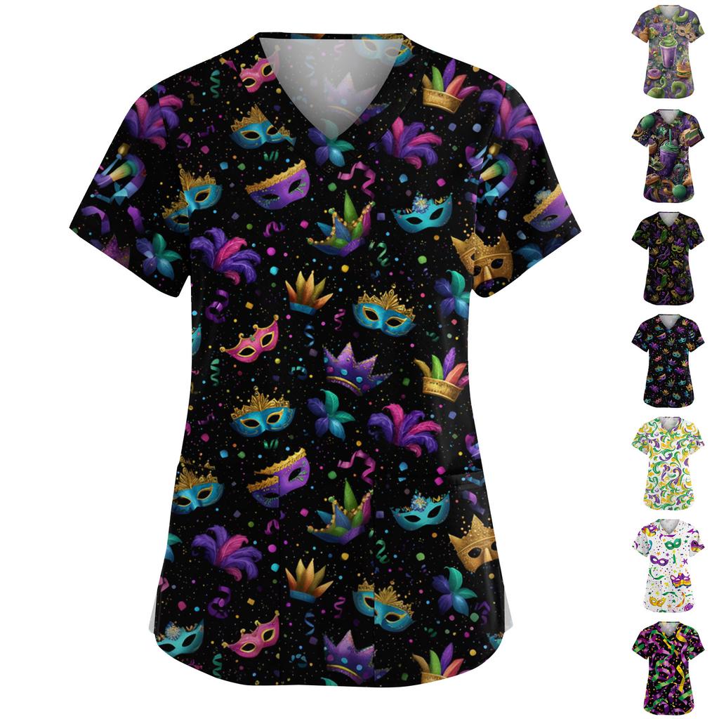 Women's Fashion V-Neck Short Sleeve Overalls With Pockets  Print Tops  Clothes