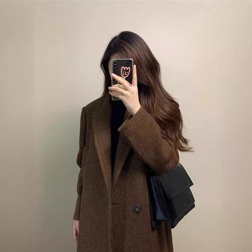Women's Brown Wool Blend Single-Breasted Notch Lapel Trench Coat