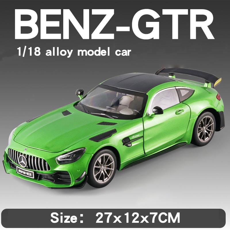 

Большая 1/18 Mercedes Benz AMG Gtr Модель автомобиля Металлические литые транспортные средства Коллекционные хобби Звук и свет Миниатюрная игрушка для мальчиков Ребенок зелёный