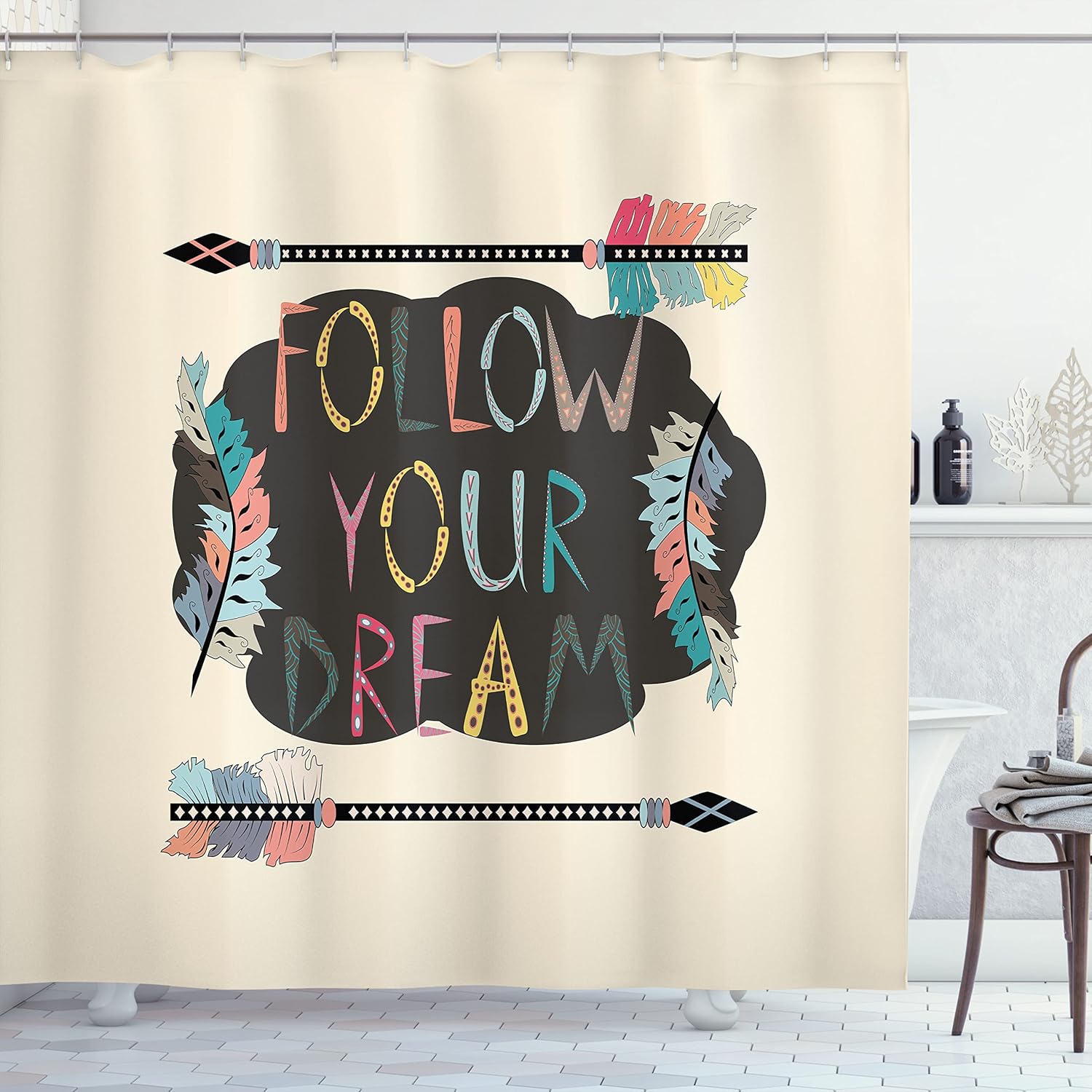 

Follow Your Dream Shower Curtain Boho Arrow Feather Design Inspirational Quote Artistic Theme Bath Decor Waterproof Fabric W60H190(CM)-1 Pcs