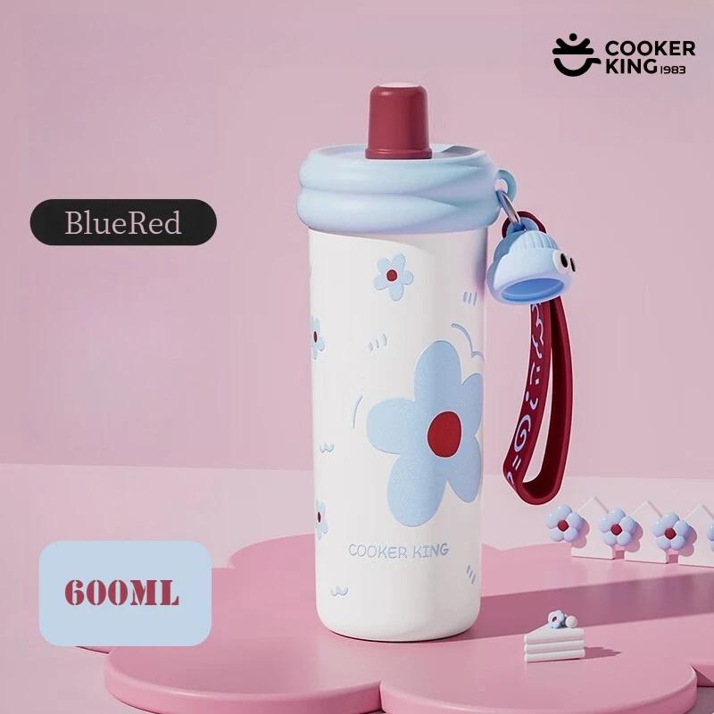 COOKER KING 600ML Sweet Sugar Color Straw Vacuum Cup Fitness Water Bottle with Straw Lid Student Special Water Bottle Straw Mug 600ML