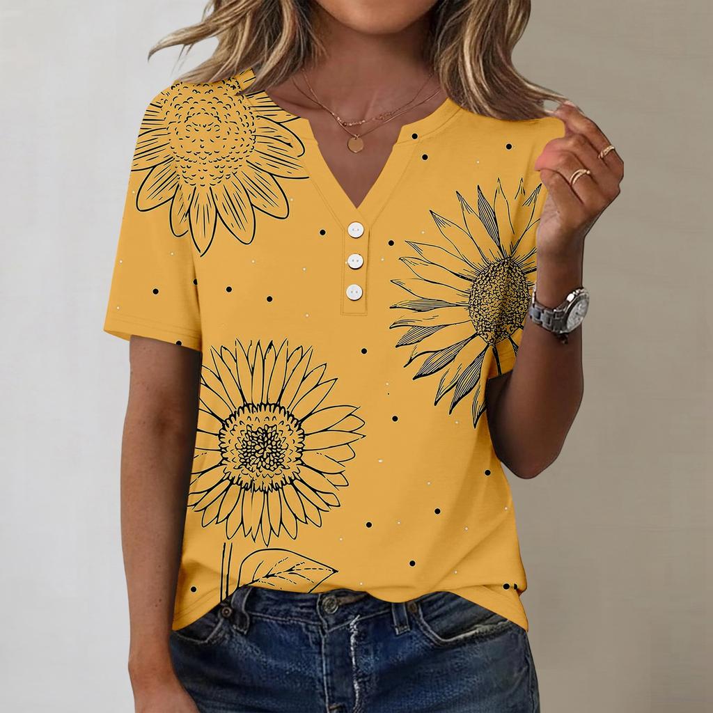 Women's Fashionable Casual Short-sleeved Retro Printed V-neck Top