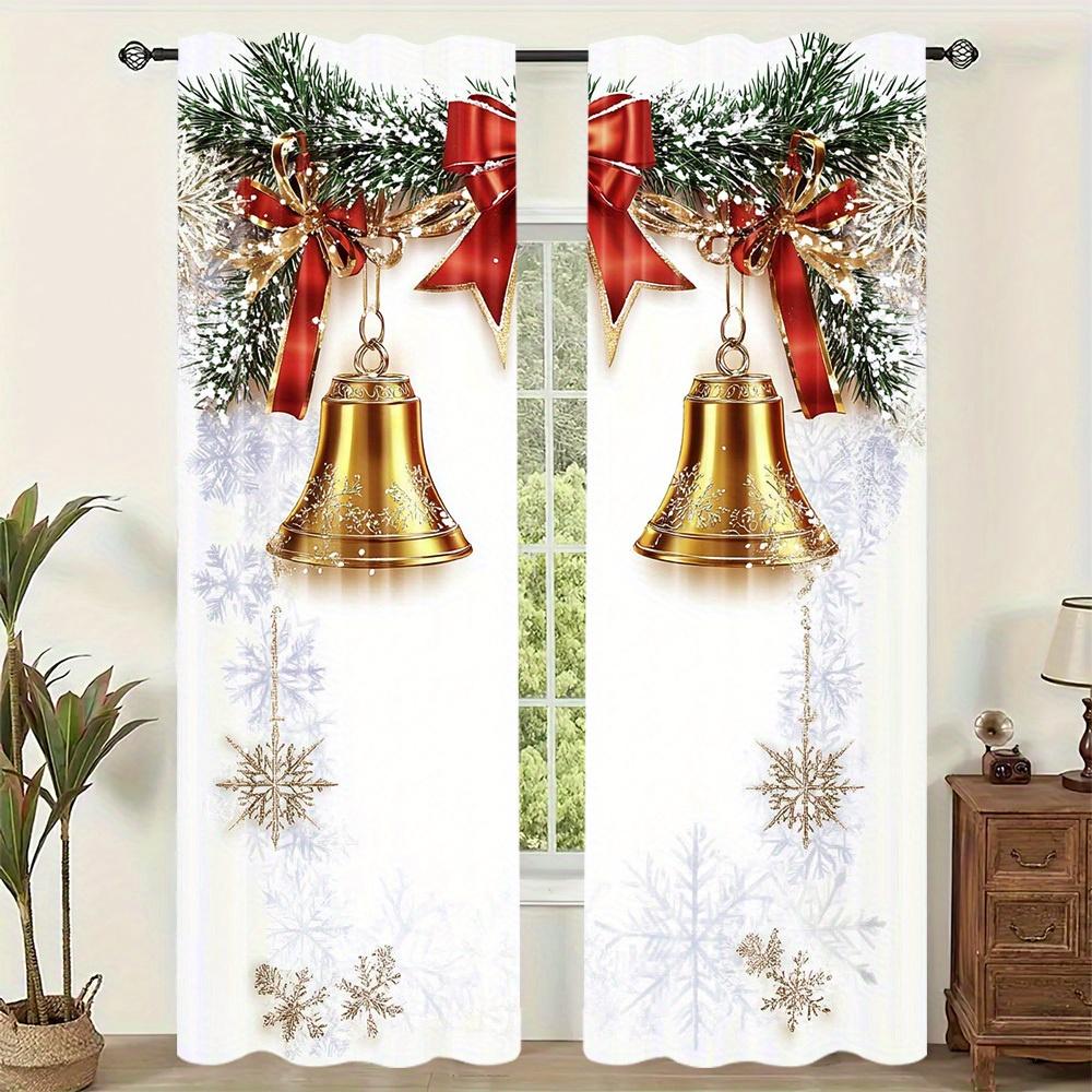 Christmas Bell Print Curtains Polyester Satin Artistic Classic Style Home Decor for Living Room and Bedroom Window Drapes 2pcs