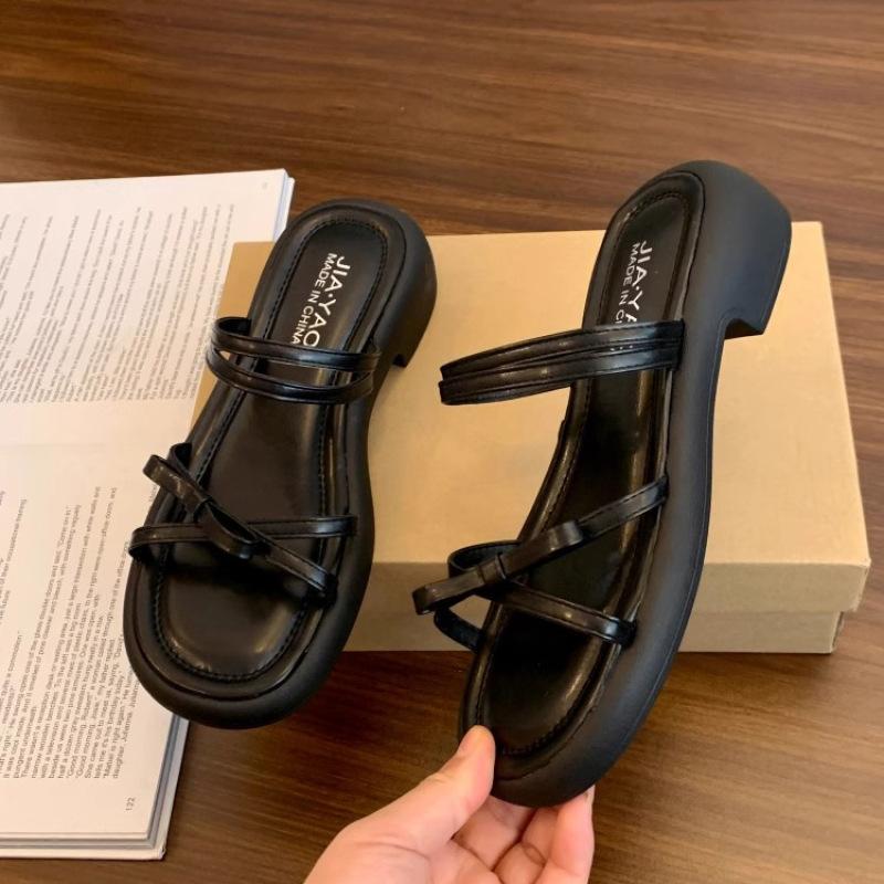 Silver bow slippers women's summer wear new fashion sandals with skirt thick heel cool slippers