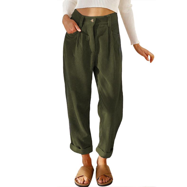 2025 Autumn Women's High Waist Corduroy Pants - Solid Color, Loose Straight Leg