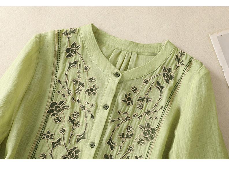 2025 Women's Retro Linen Shirt: Elegant Stand Collar, Single-Breasted, Embroidered Design