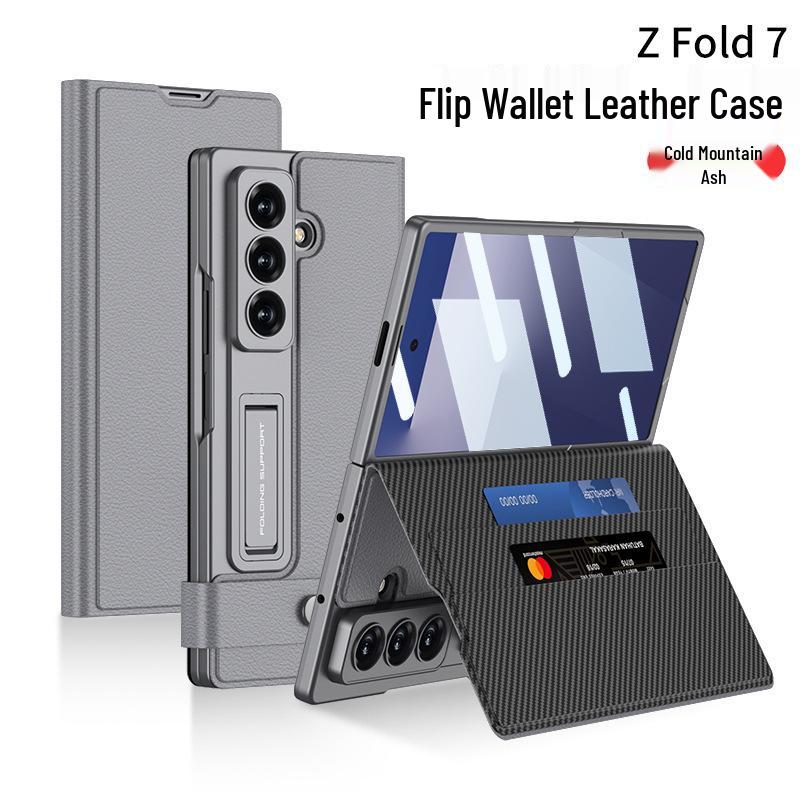 Samsung Z Fold7 Leather Wallet Case with Stand, Card Slot, and Protective Film