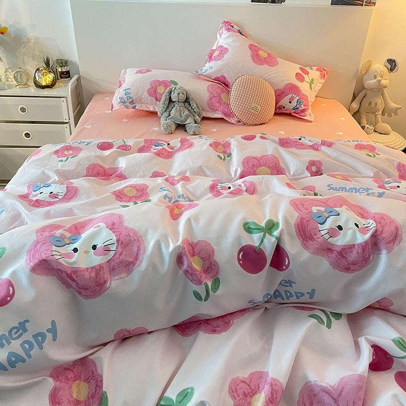 Three-piece Set Korean Girl Heart Cute Rabbit Berry Four-piece Set Simple Checkerboard Bed Sheet Blue Quilt Cover