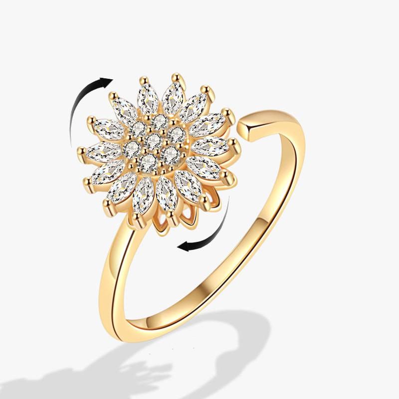 Fashion Sunflower Rotating Adjustable Knuckle Rings for Women Copper Inlaid Shiny Rhinestone Anti-Anxiety Relaxing Ring resizable