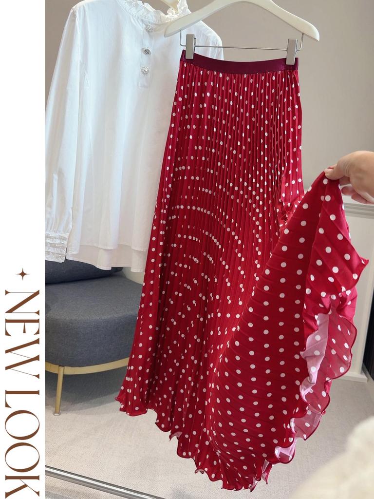 Korean-Japanese Red Polka Dot Chiffon Pleated High-Waist Slimming Long Skirt for Women