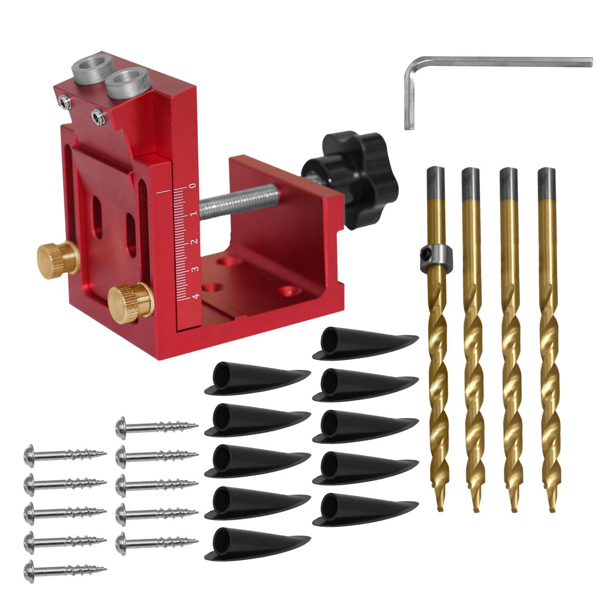

26PCS Pocket Hole Jig Kit with Drill Guide and Step Drill Bit & Wooden Plugs and Screws for Joinery Work, Adjustable Drill Guide 26PCS червоний