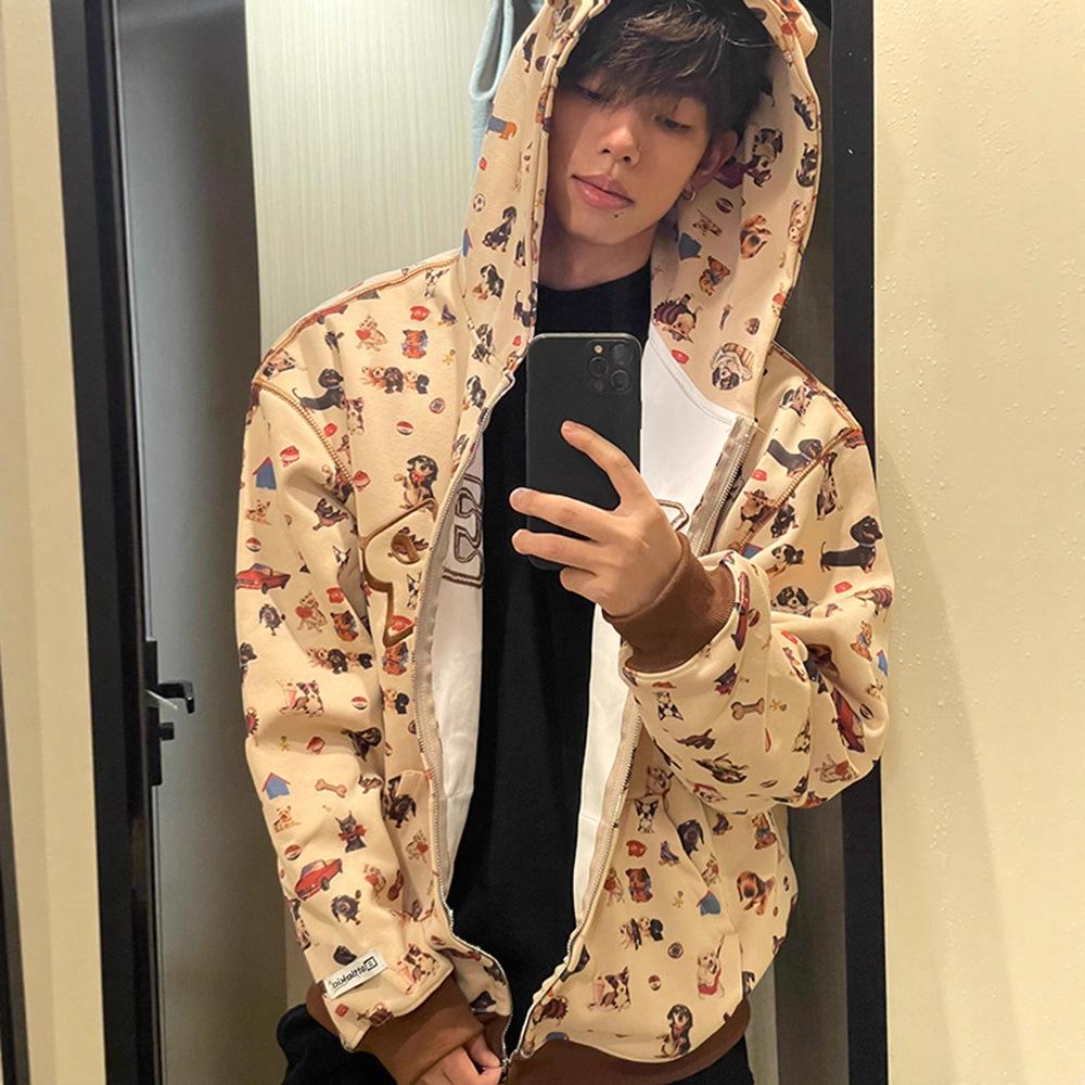 

American Retro Full Print Hooded Cardigan Sweatshirt - Trendy European Streetwear for Couples XXL хакі