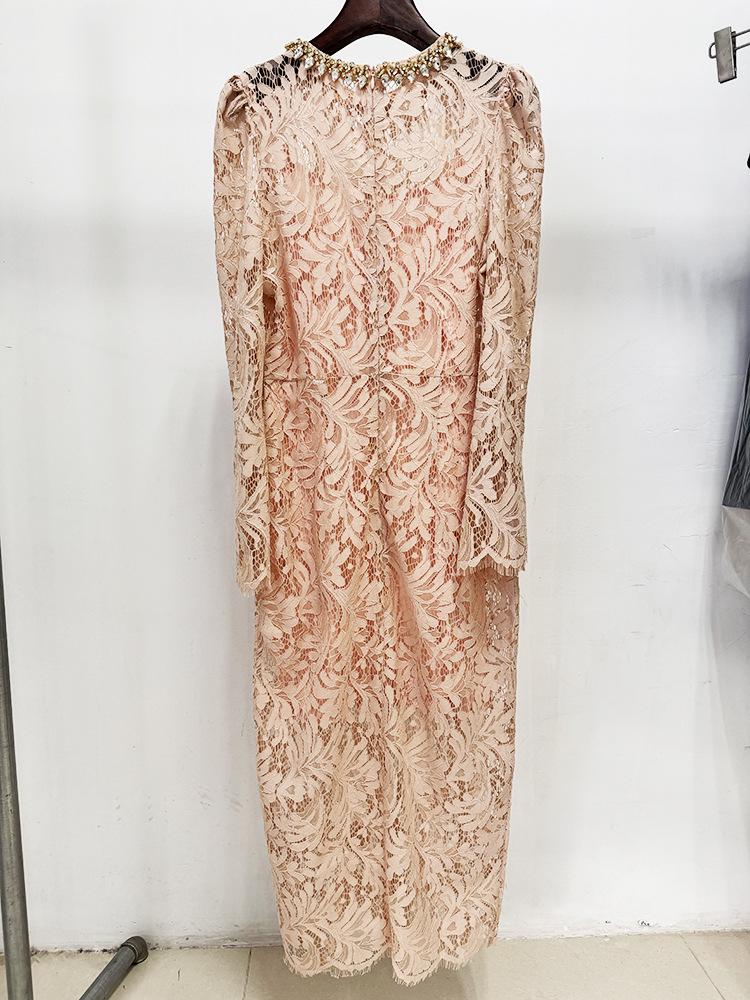 Spring/Summer 2025 European & American Star Fashion Beaded Diamond Long Sleeve Slim Lace Dress