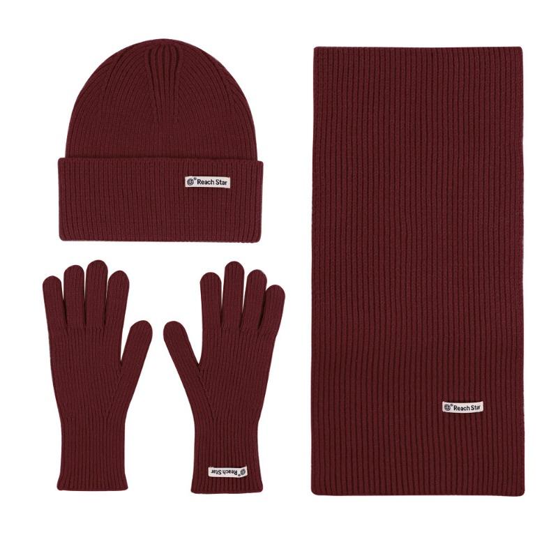 

Однотонный вязаный комплект из трех предметов, теплый и защищающий от холода зимой, утолщенная уличная шерстяная шапка, шарф и перчатки.