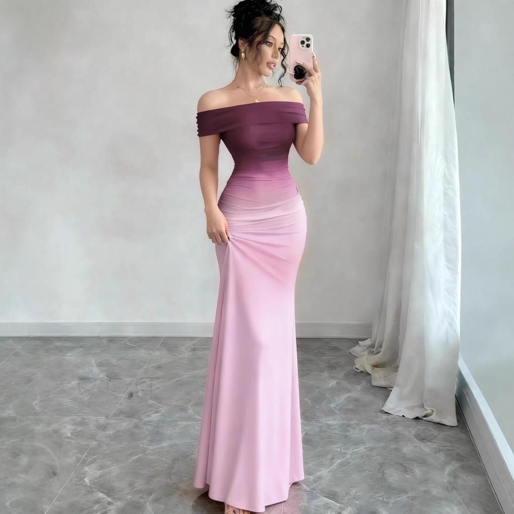 European-American Gradient One-Shoulder Bodycon Maxi Dress