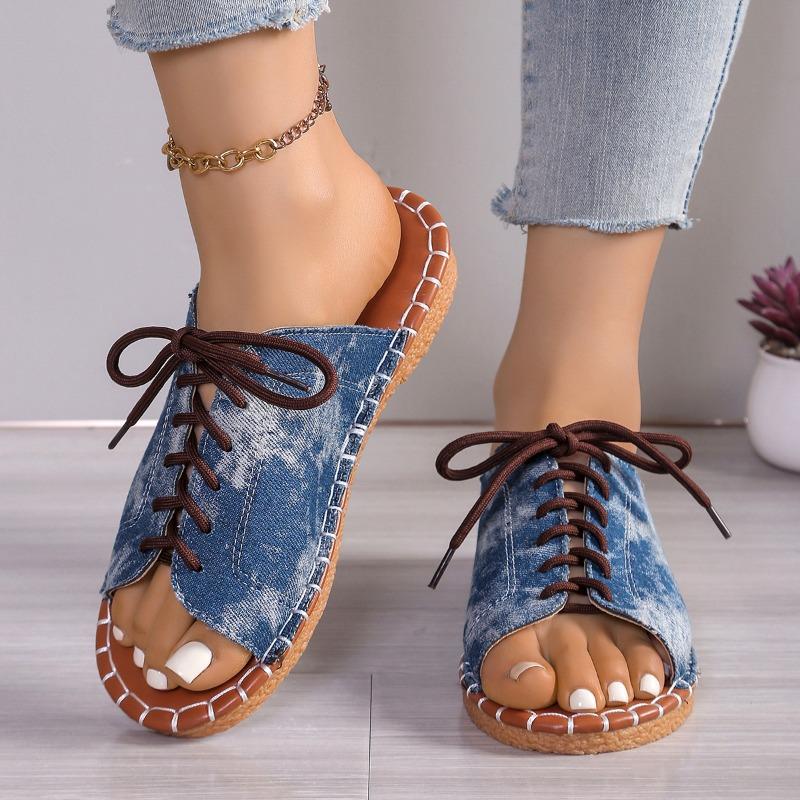 Fashion Plus Size 2025 Summer New Women’s Casual Slippers Outdoor Open Toe Lace Up Low Heel Slippers for Hot Sale Daily Rome Sandals