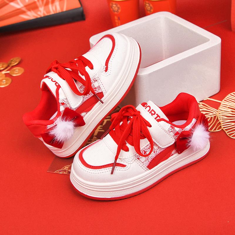 2025 Winter New Arrivals: Girls' Versatile Red Casual Sports Shoes for Middle and Big Kids