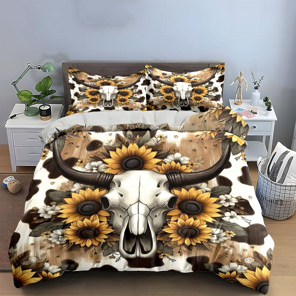 Cow Skull & Sunflower Pattern Bedding Duvet Cover Set Duvet Cover Pillowcases (1 * Duvet Cover 2 * Pillowcases, Without Duvet Insert)