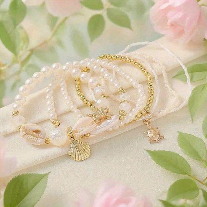 7pcs/Set Seashells, Pearls Beads Layered Bracelet Set, Ndom Shell Patterns, Great Gift Idea, Healing Crystal Bracelet for Spiritual Energy Healing