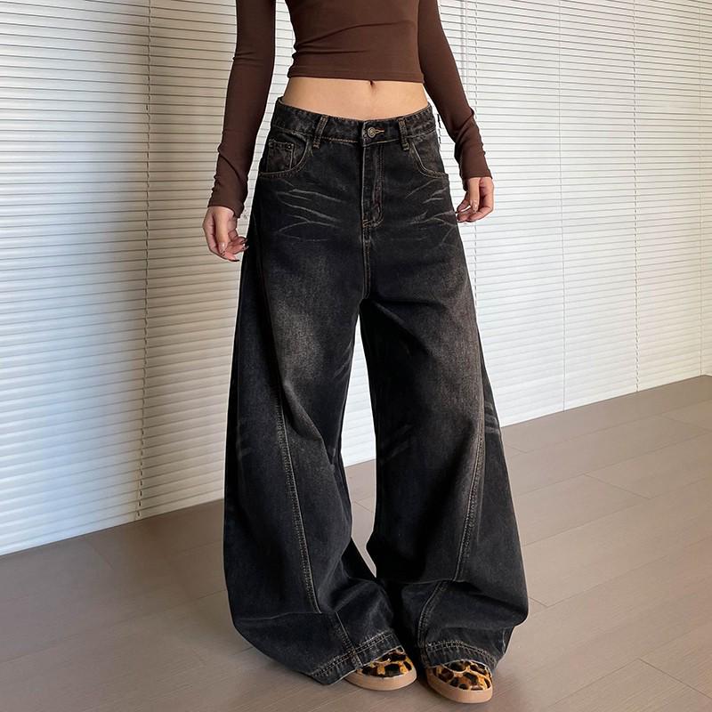 

Unisex Retro Whiskered Scimitar Jeans: High-End Loose Fit, Versatile Style S чорний