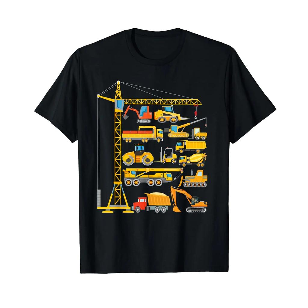 Types of Construction Excavator Bulldozer Truck Crane T Shirt Vintage Washed Casual Fashion Slightly Unisex Streetwear Homme