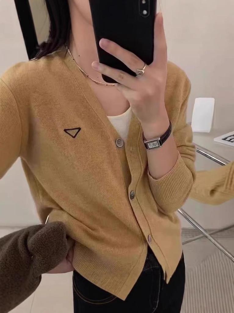 European V-Neck 100% Wool Knit Cardigan - Women's Autumn/Winter Embroidered Long Sleeve Sweater