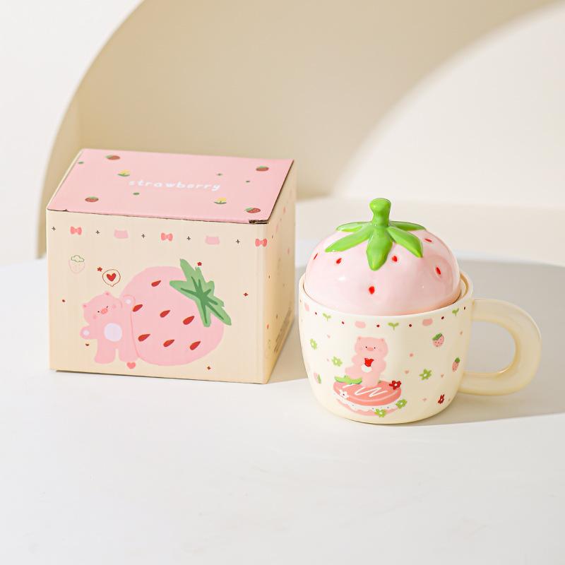 Erdbeerbär Keramiktasse mit Deckel für Mädchen Geschenk Tasse für Haushalt Becher Hochwertig Aussehende Paar Milch Frühstückstasse