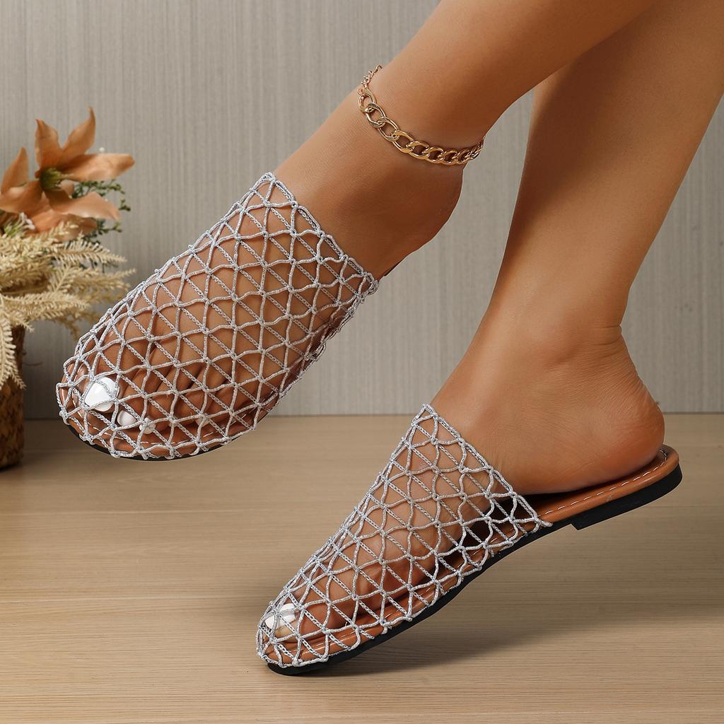 Women Sandals Round Headed Fish Mesh Hollow Ballet Shoes for Summer New Fashionable Flat Bottomed Slides Women Slippers