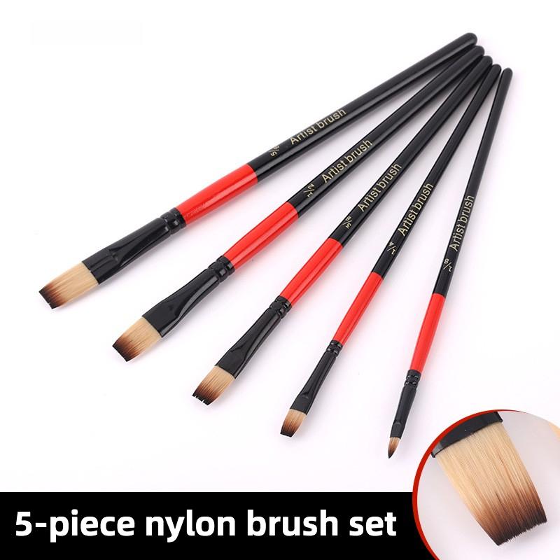 5pcs Wooden Short rod nylon hair oil brush flat head children's painting watercolor pen round head acrylic paint oil brush set
