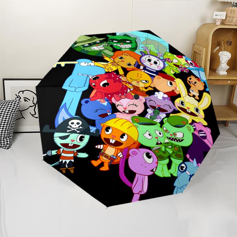 Happy Tree Friends3 Print Automatic Umbrella, 8 Rib Iron Frame, Plastic Handle, Suitable for Outdoor Travel &Daily , Ideal Gift