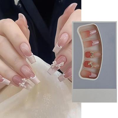 S.A.V.I 24 PCs Long Coffin Nude French Manicure Fake Nails with 3D Bowknot Design, Reusable Press-On Nails for Women - Elegant & Durable Artificial