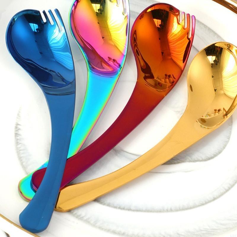 Fourchette Cuillère 2 en 1 Acier Inoxydable Manche Long Cuillères à Dessert Fourchettes Salade de Fruits X3UC