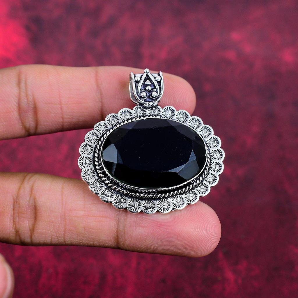 Pingente de espinélio preto, pingente de prata esterlina sólida 925, joias artesanais com pedras preciosas, presentes para esposa, pingente novo
