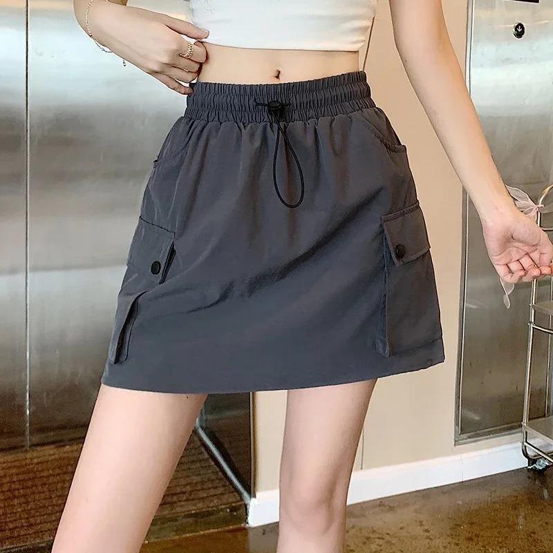 Summer Ins Korean Cargo Short Skirts Women Quick Drying Dress Girls Drawstring High Waist Thin Skirt