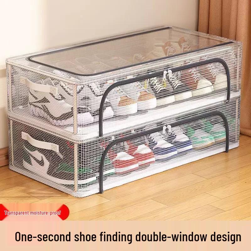 Transparent Folding Shoe Storage Box with Steel Frame and Under-Bed Design