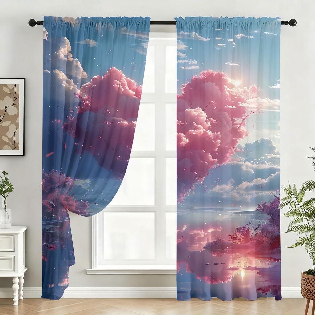 2pcs Fenyun Lake Scenery Gradient Curtains   Dreamy Healing   Bedroom and Living Room   Drawbar Pocket Decoration