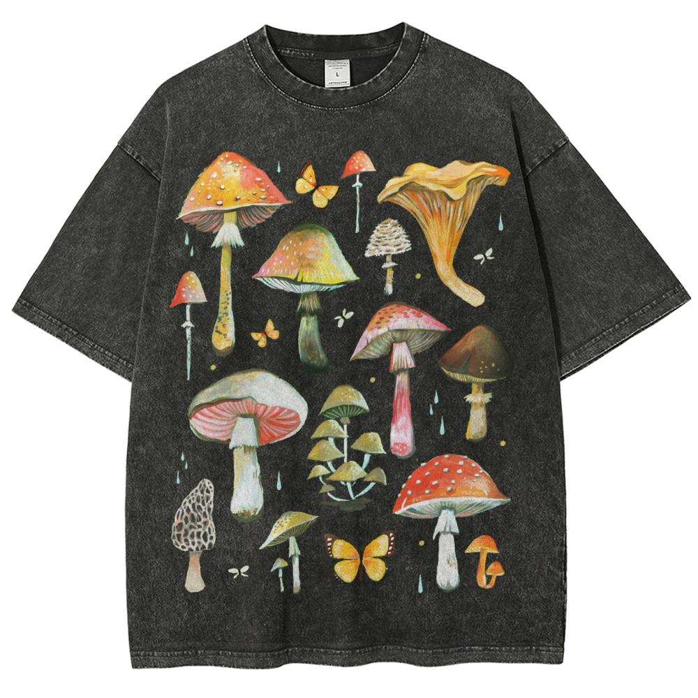 

Retro Washed Shoulder TShirt Round Neck High Quality Pure Cotton Delicious Mushroom Print Fashion Summer New Short Sleeves New S