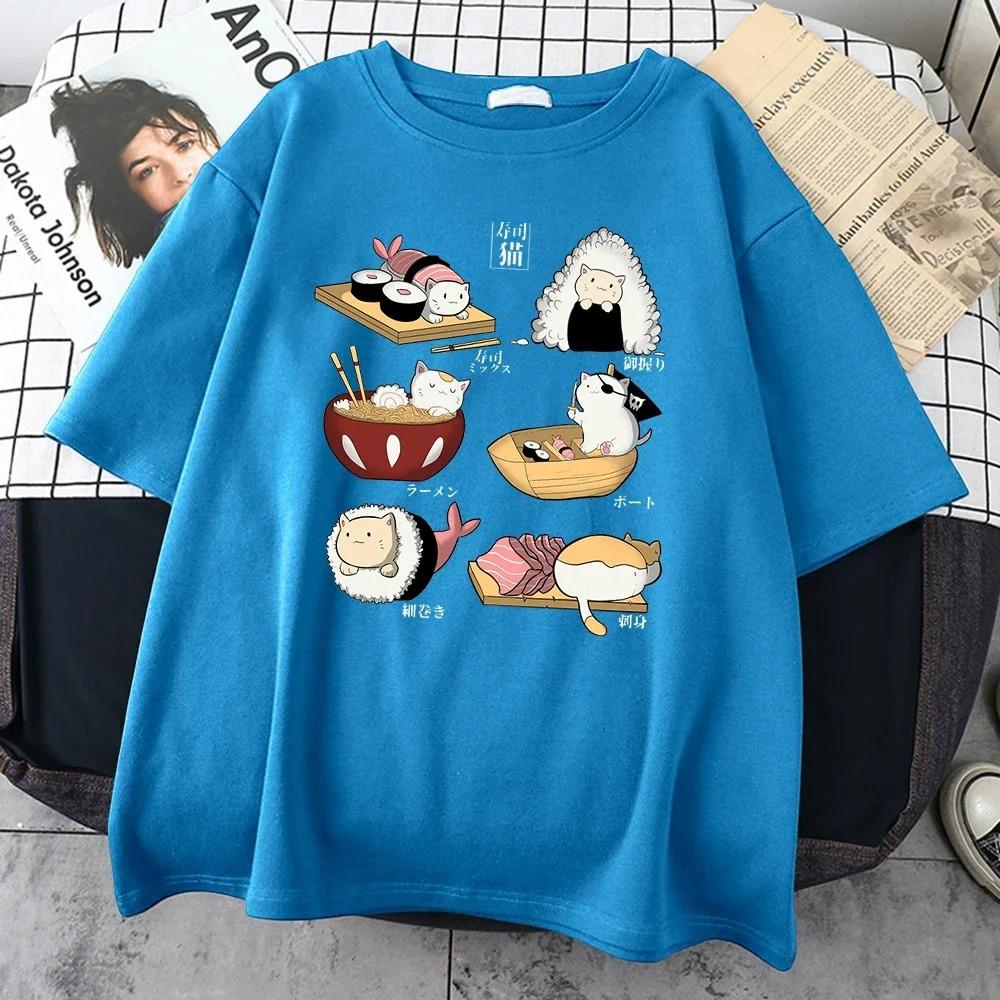 Food Cute Cat Sushi Cartoon Style Mens Cotton Short Sleeve Harajuku Casual All-math T-Shirts Oversize Fashion Man Tee Clothing