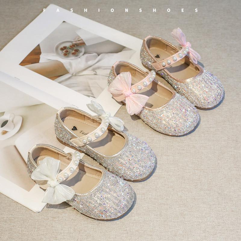 Girls Shiny Princess Shoes Little Kids Mary Jane Shoes for Party Wedding Fashion Children Sweet Pearls Shoes with Bow-knot