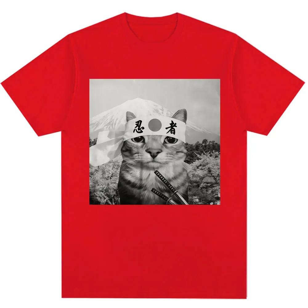 Funny Japanese Samurai Cat Meme Graphic TShirt Unisex Trendy Vintage Humorous Oversized 100 Cotton Casual Short Sleeve Tee