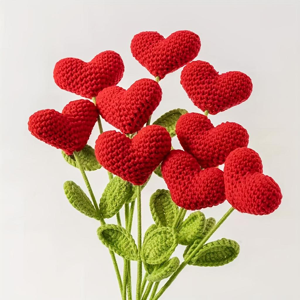 2/5pcs Handmade Crochet Heart Bouquet, Yarn Love Flowers with Green Stems, for Valentine'S Day,Mother'S Day,Birthday Gifts