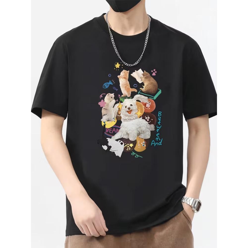 Cute Cat Dog Collage Print T-Shirt Crew-Neck Oversized Tee Playful Pets Donuts Graphic Short-Sleeve for Daily