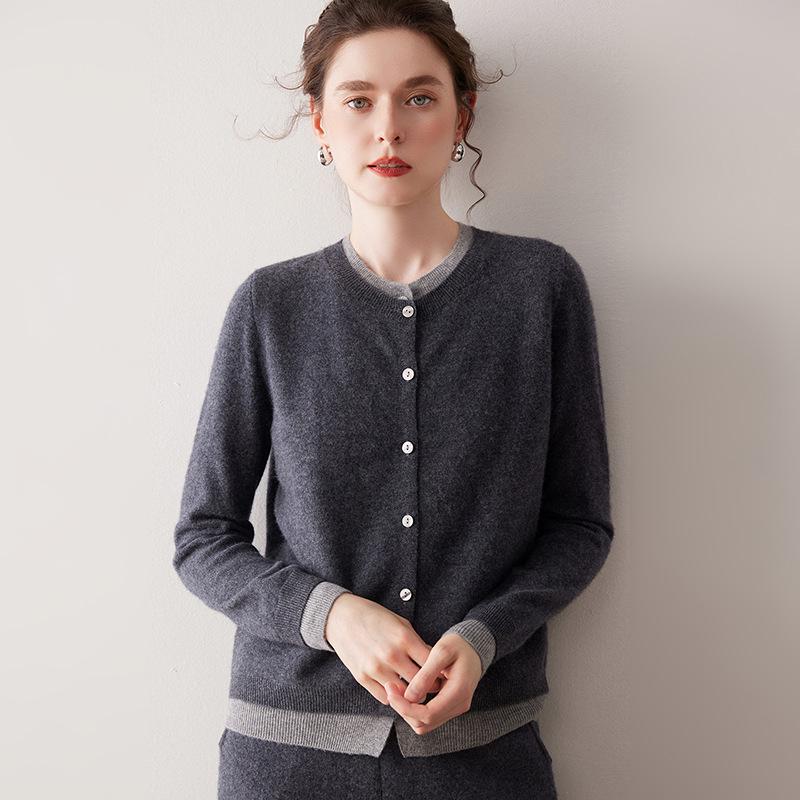 2025 Autumn/Winter Women's Cashmere Color Block Round Neck Loose Cardigan Sweater - Elegant Fashion Knitwear Outerwear