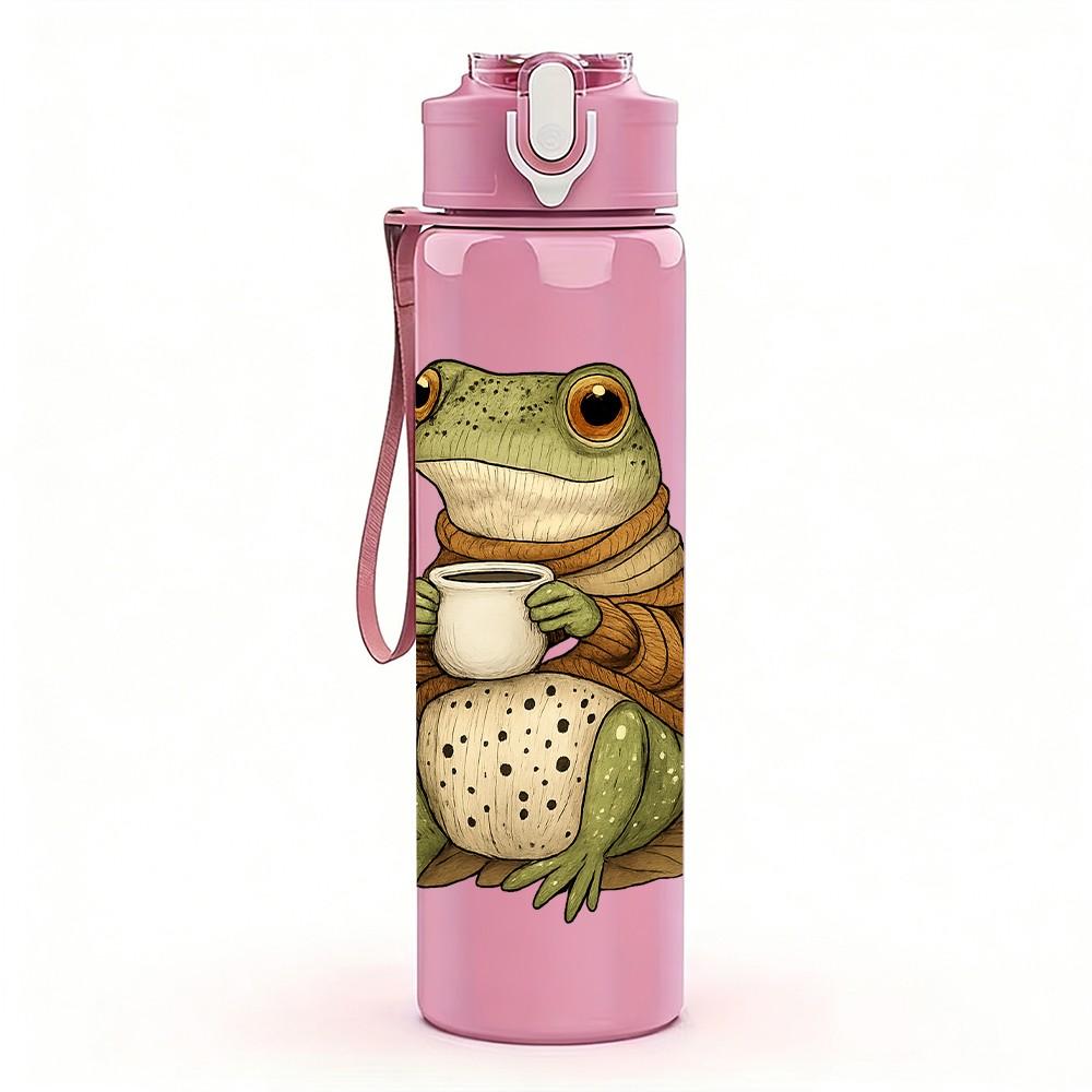 1PC Cute Green Frog 750ml Color Plastic Sports Water Bottle Leakproof Flip Straw Lid Suitable for Sports Office Home Use