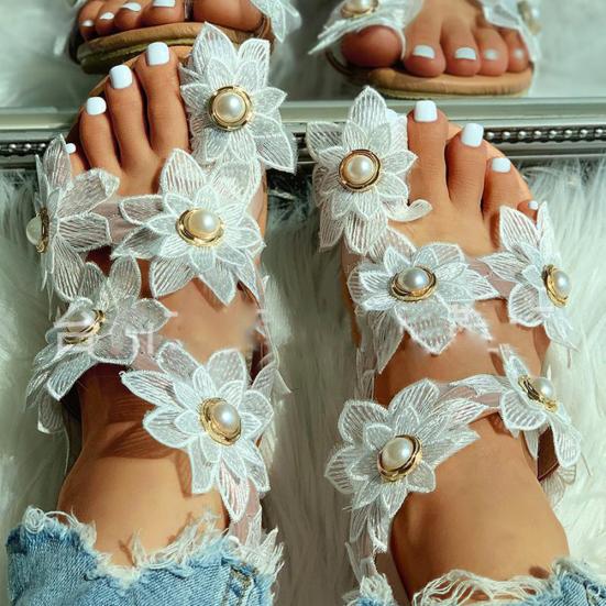 Dame Mode Blonder Blomster Kunstige Perler Indlagt Sko Sommer Klips Tå Flade Sandaler