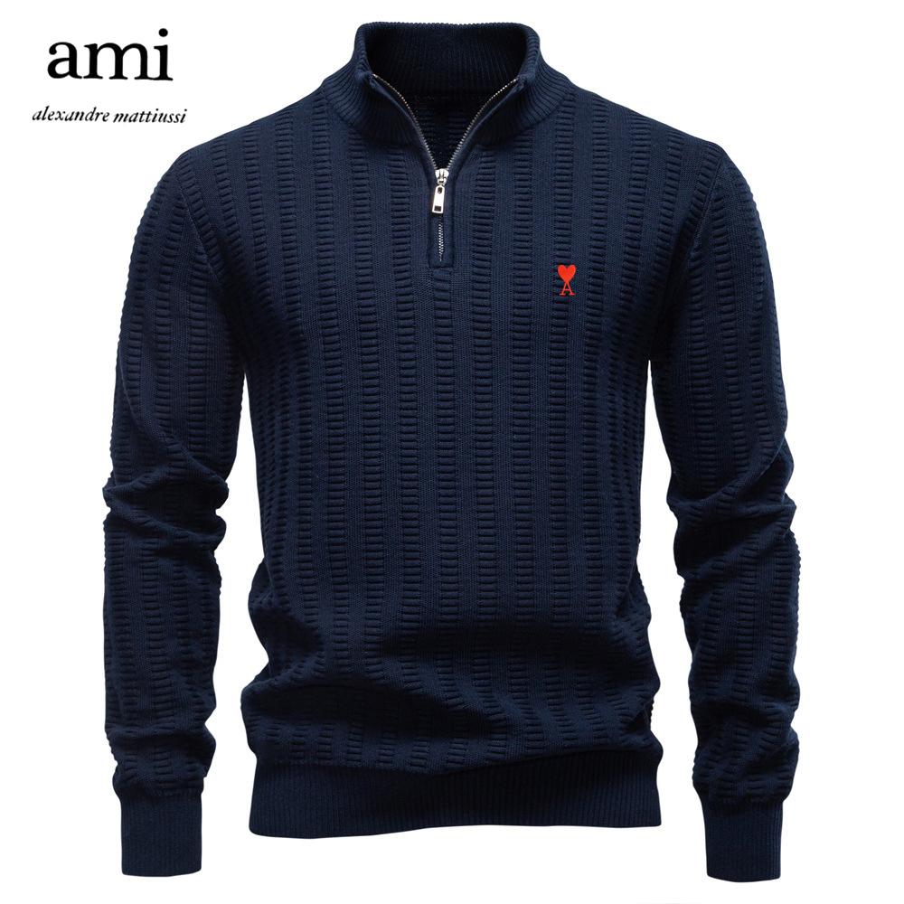 AMI 2025 Autumn and Winter Embroidery New Striped Jacquard Men's Plus Size Sweater, Half Zipper Stand Up Collar Business Sweater