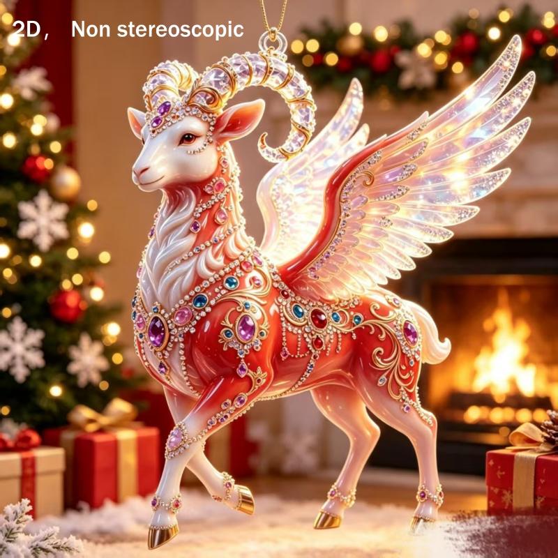 2D Red Golden Ram Christmas Hanging Ornament With Exquisite Details Glossy Finish For Christmas Tree Home Holiday Party Decorati