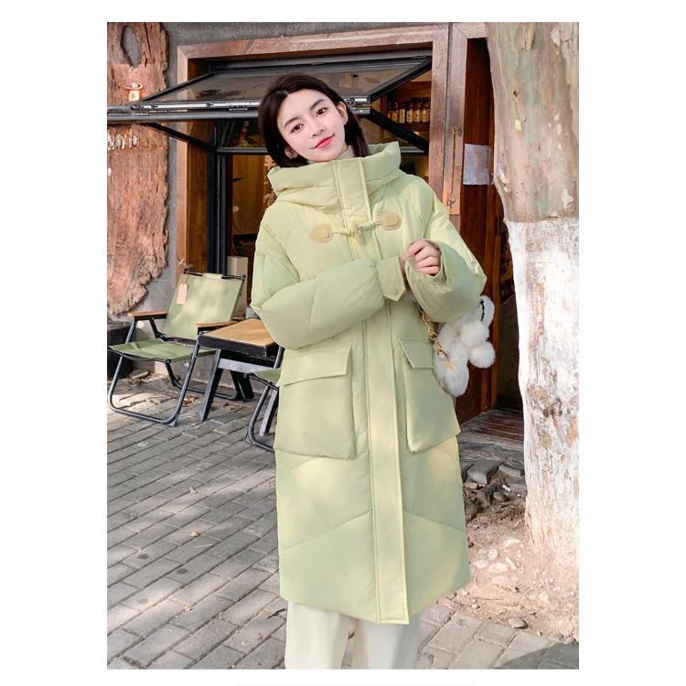 Thickened Korean Bread Coat with Pockets; Fashionable Green Feather Cotton Coat with Hood and Long Design for Winter